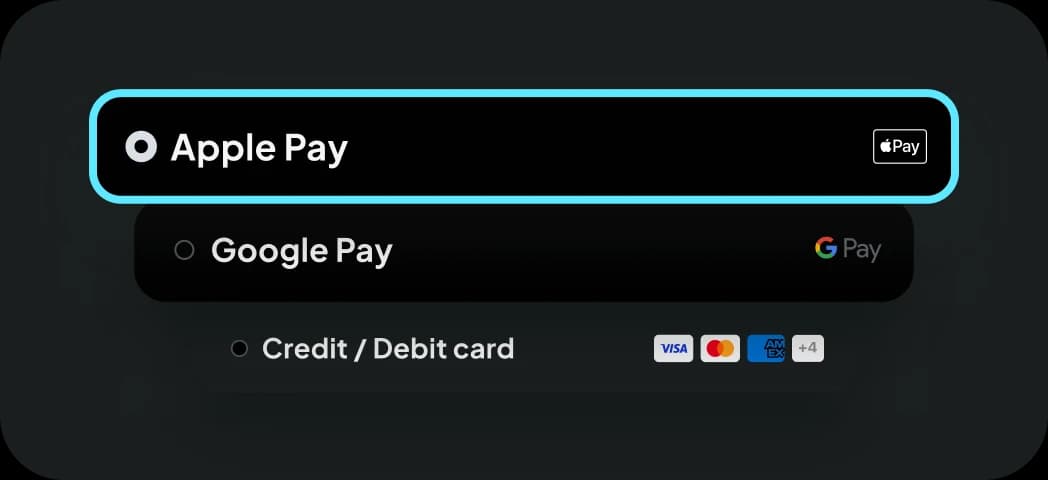Payment sheet offering Apple Pay, Google Pay, and credit or debit card