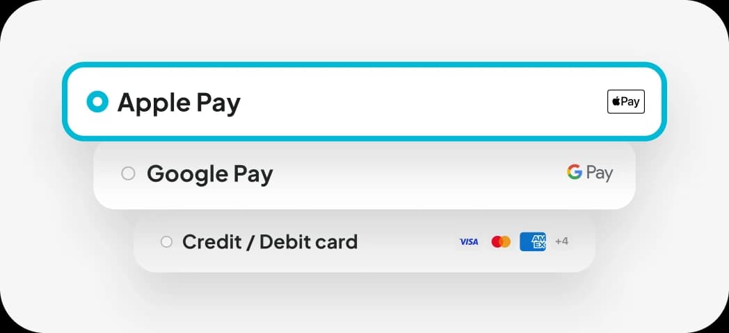 Payment sheet offering Apple Pay, Google Pay, and credit or debit card
