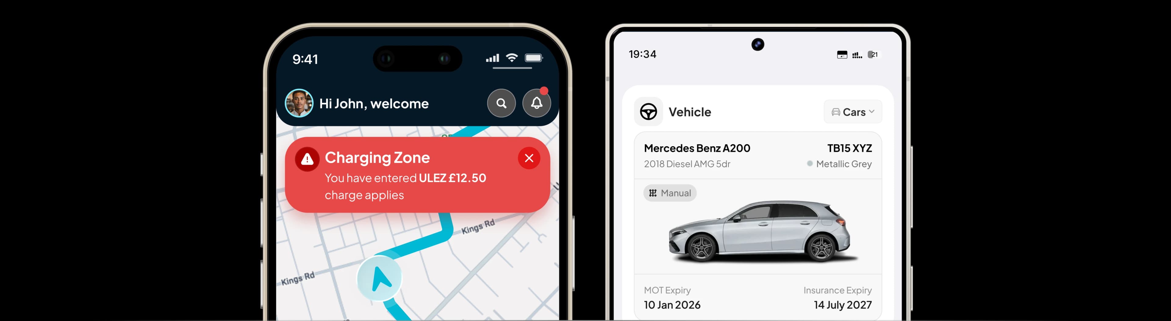 Tracklio on iPhone showing a live charging zone alert over a route map, beside the Android app showing a Mercedes Benz A200 with its MOT and insurance expiry dates
