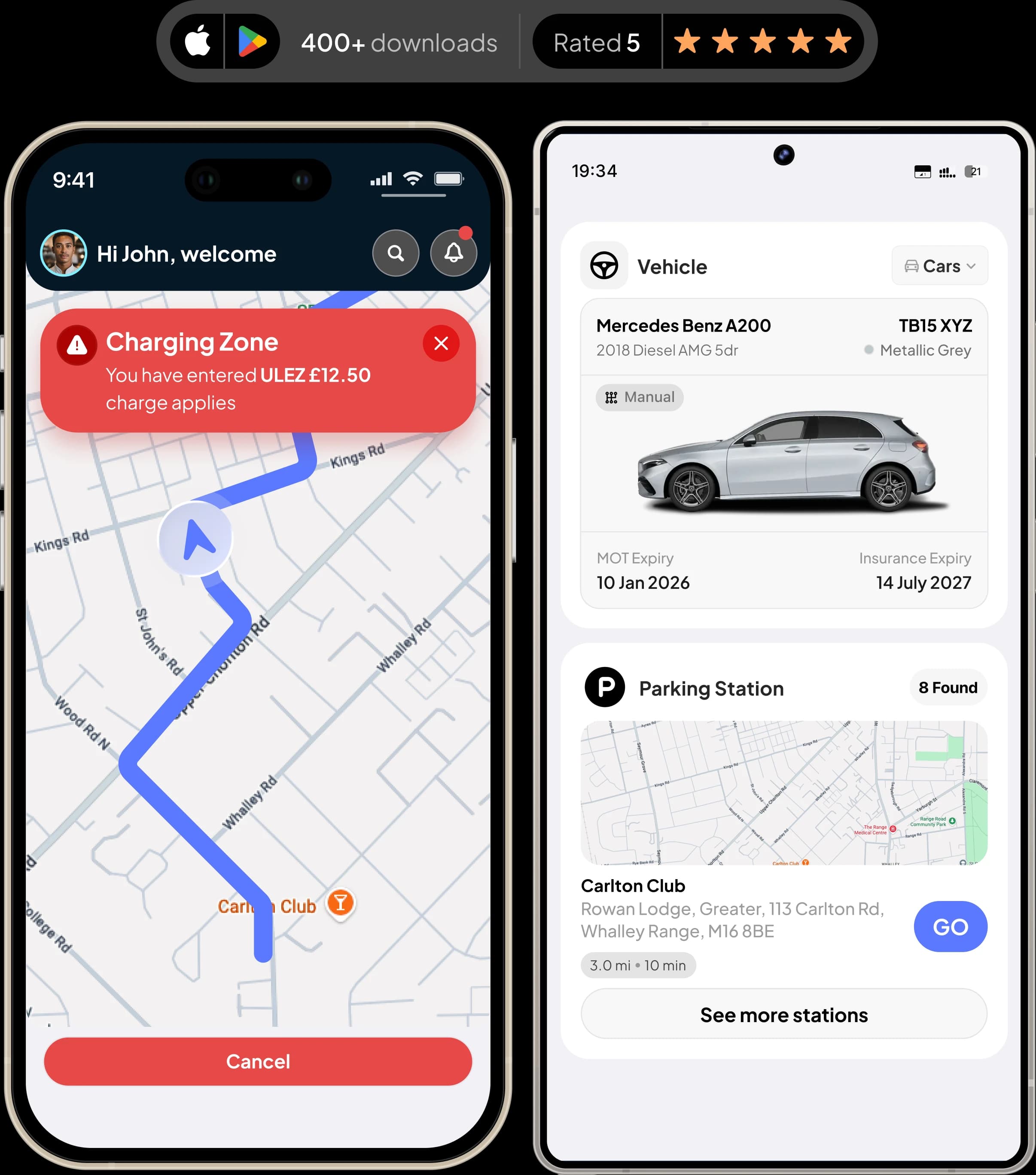 400+ downloads, rated 5 out of 5 stars. Tracklio alerting a driver that they have entered a ULEZ zone where a £12.50 charge applies, alongside a saved Mercedes Benz A200 with its MOT and insurance expiry dates and nearby parking at Carlton Club