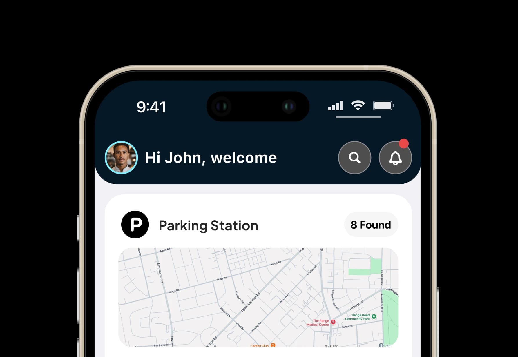 Tracklio home screen showing 8 parking stations found nearby on a map