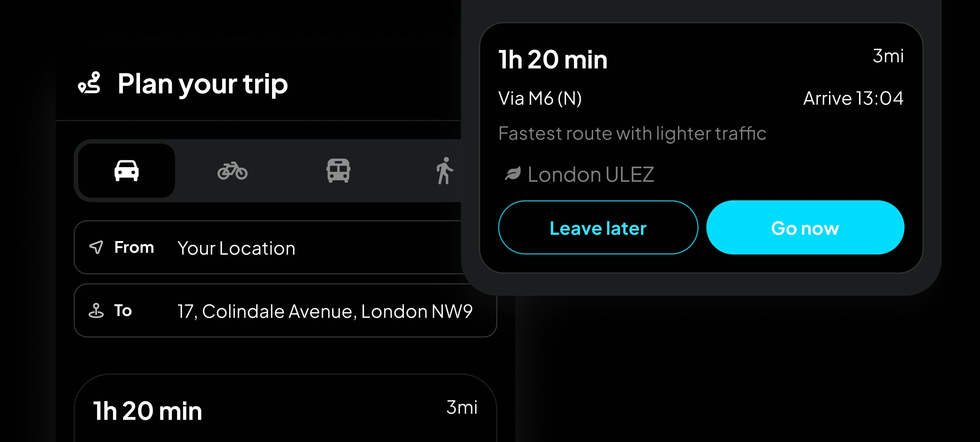 Trip planner with a 1 hour 20 minute route via the M6 that passes through London ULEZ