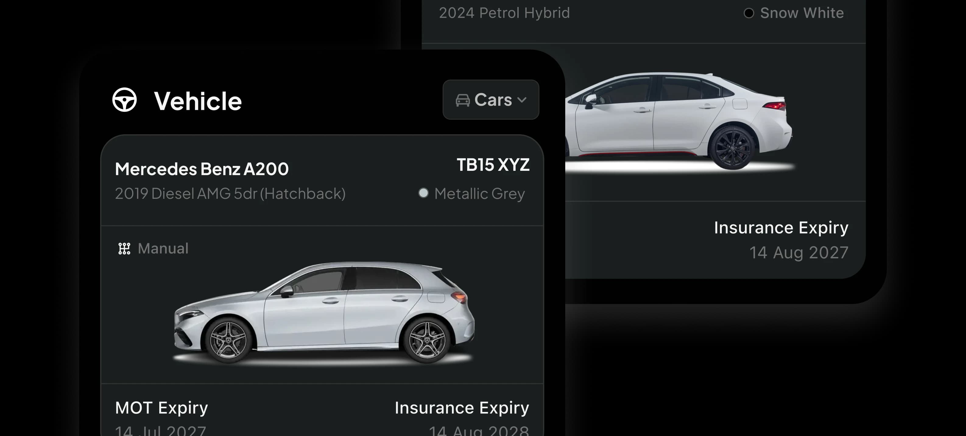 Vehicle list showing a Mercedes Benz A200 with its MOT and insurance expiry dates