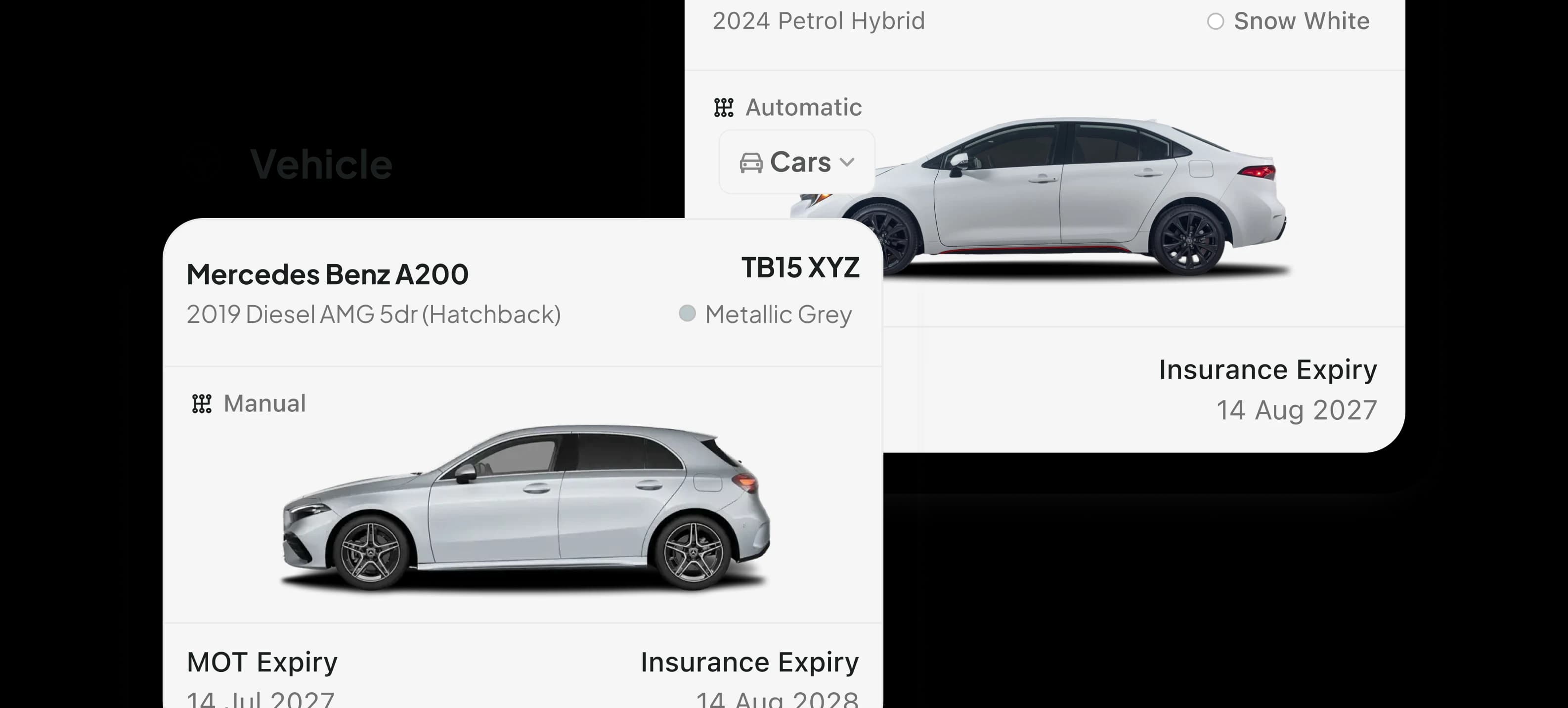 Vehicle list showing a Mercedes Benz A200 with its MOT and insurance expiry dates