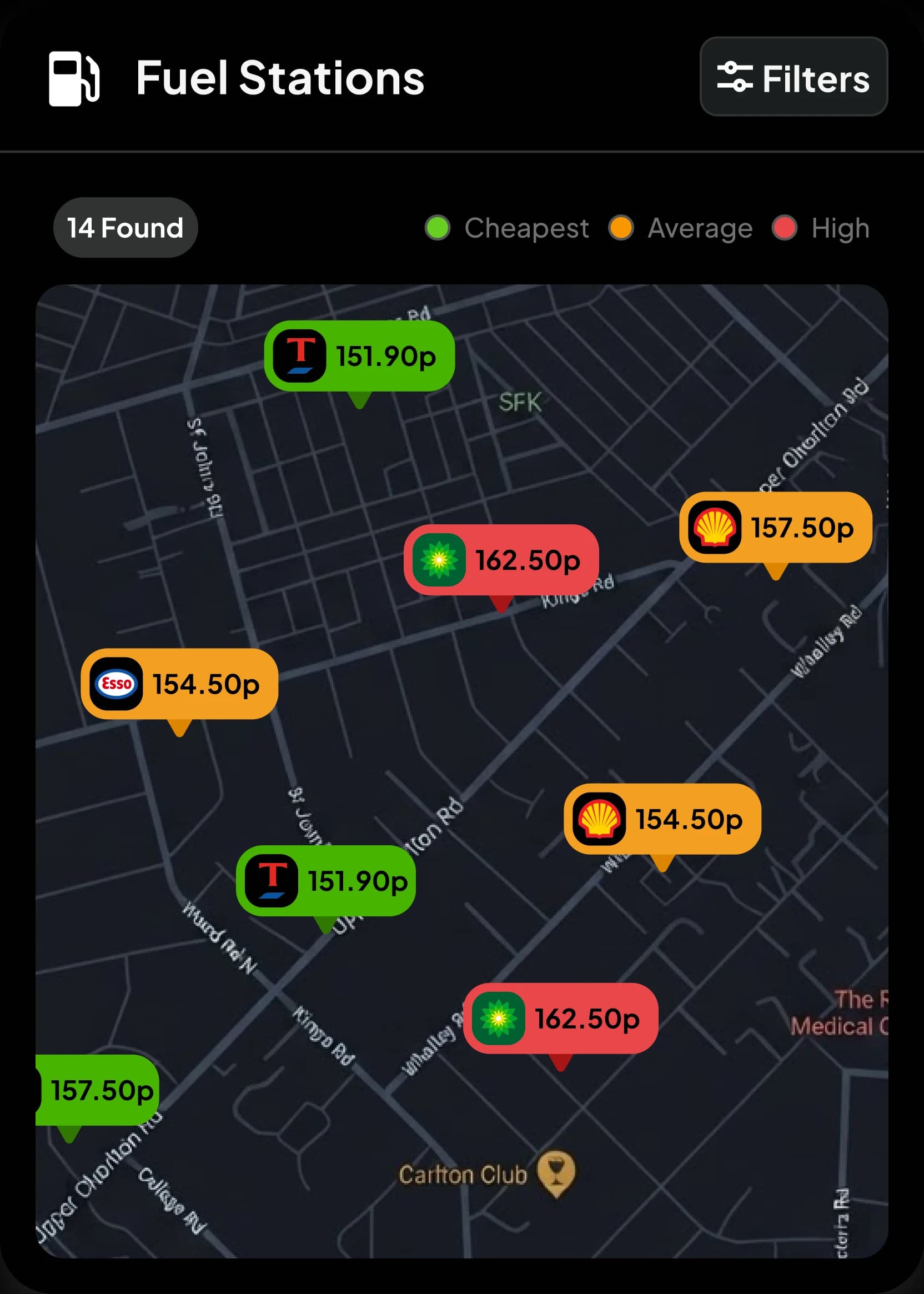Map of 14 nearby fuel stations tagged with per-litre prices, coloured cheapest to highest
