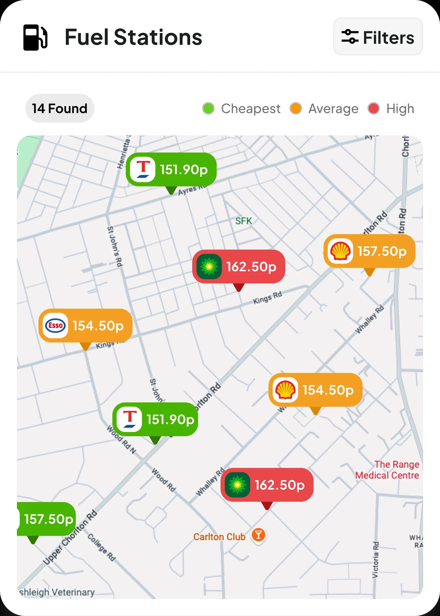 Map of 14 nearby fuel stations tagged with per-litre prices, coloured cheapest to highest