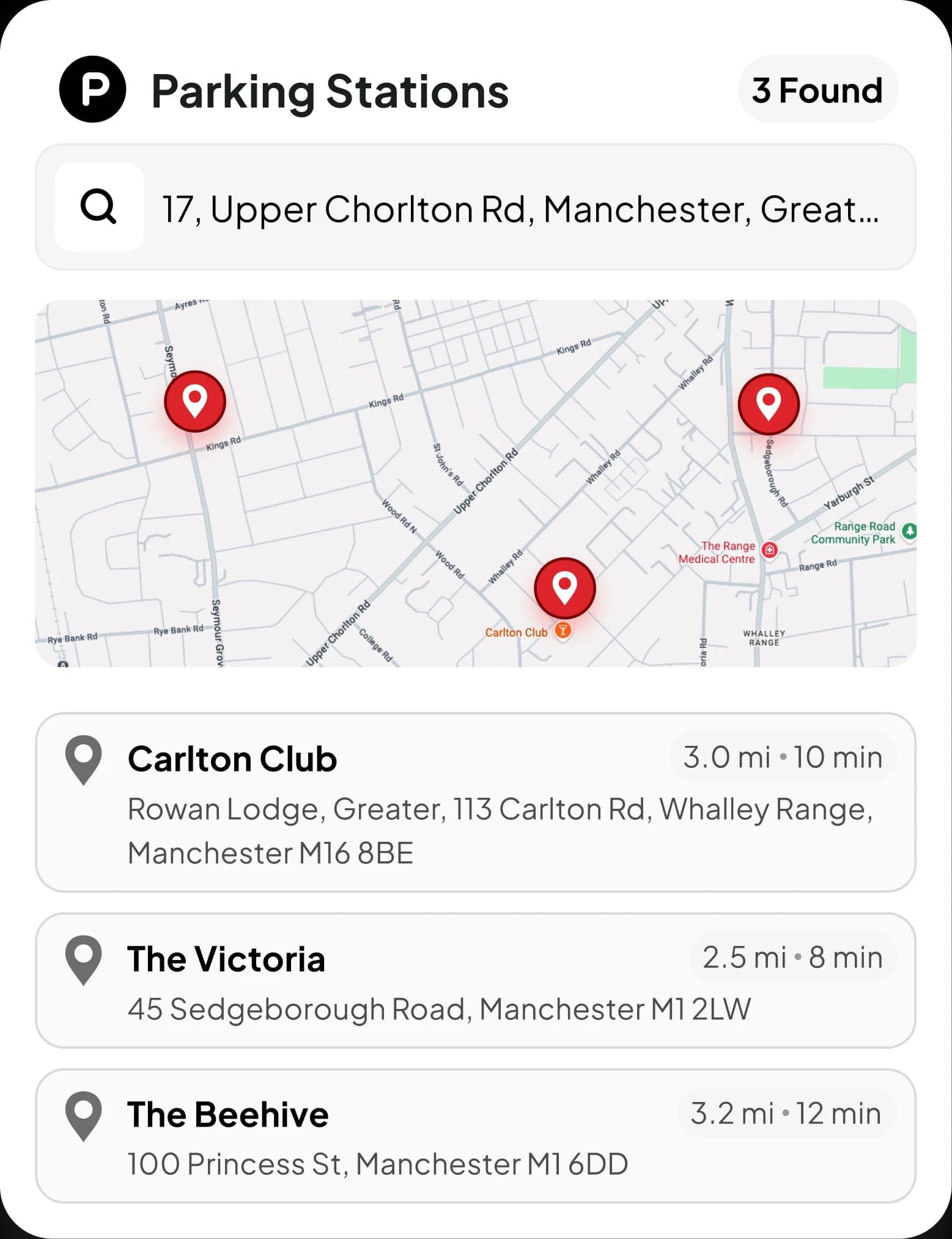 Map showing a route to Carlton Club parking station, 3.0 miles and 10 minutes away