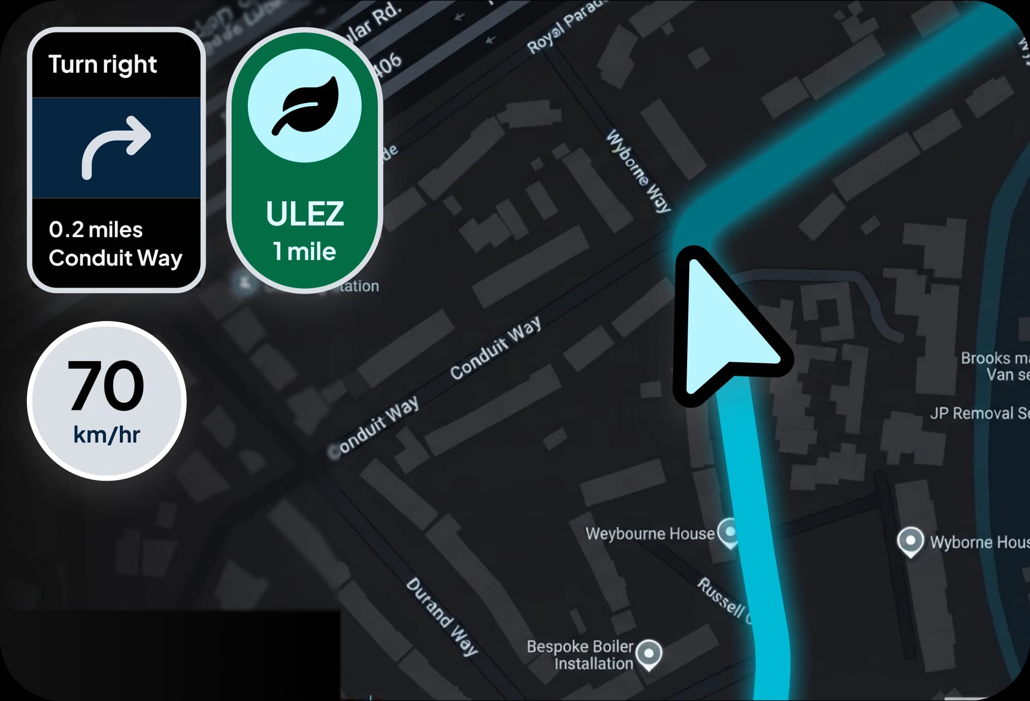 Turn-by-turn navigation showing a right turn onto Conduit Way and a ULEZ warning 1 mile ahead