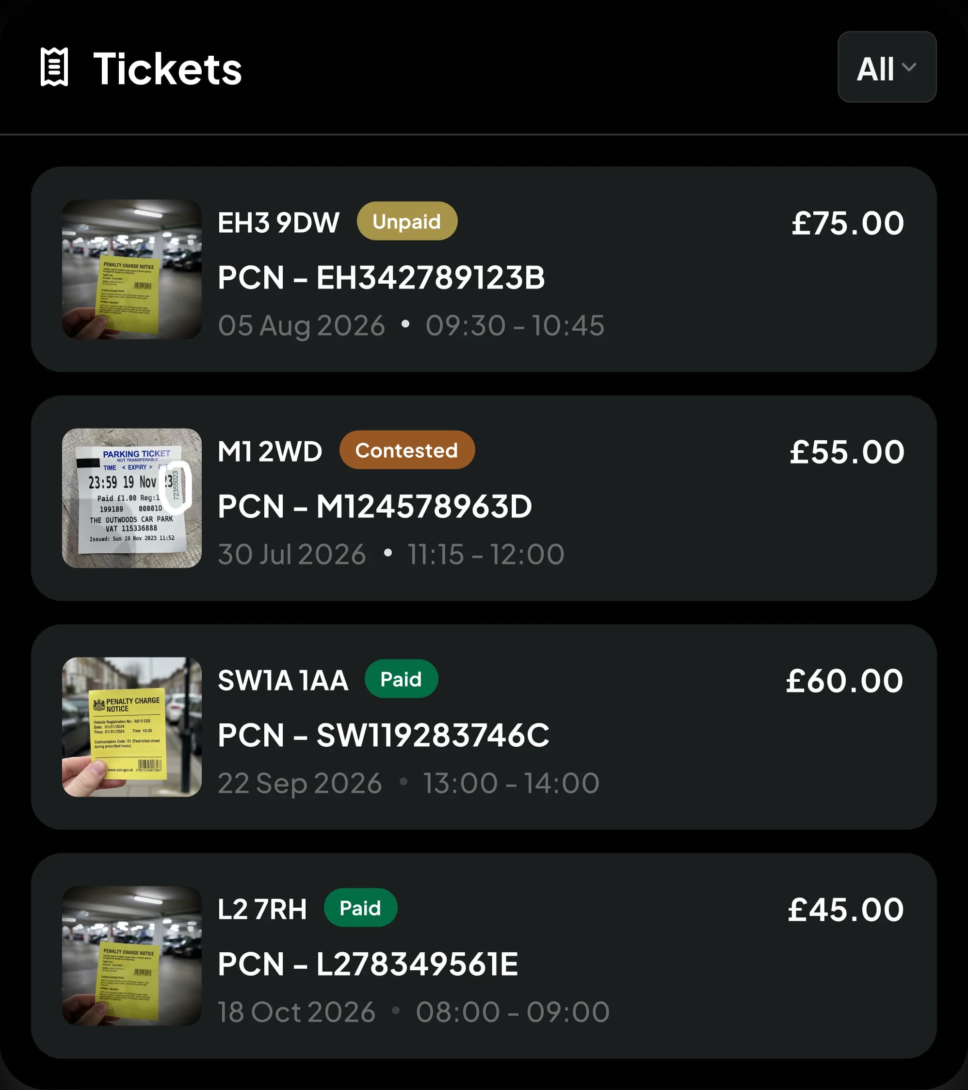 Tickets list of logged PCNs with photos of each notice, marked unpaid, contested or paid