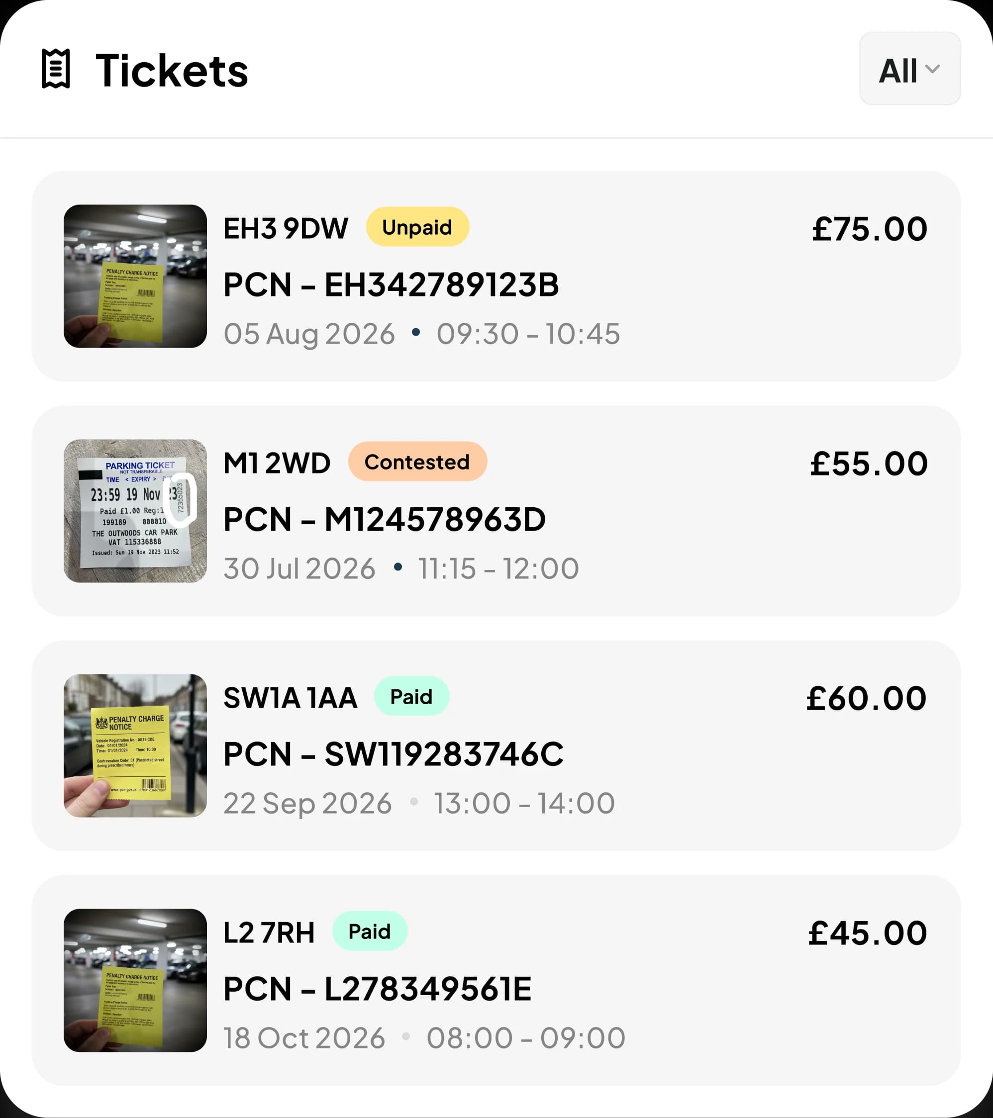 Tickets list of logged PCNs with photos of each notice, marked unpaid, contested or paid