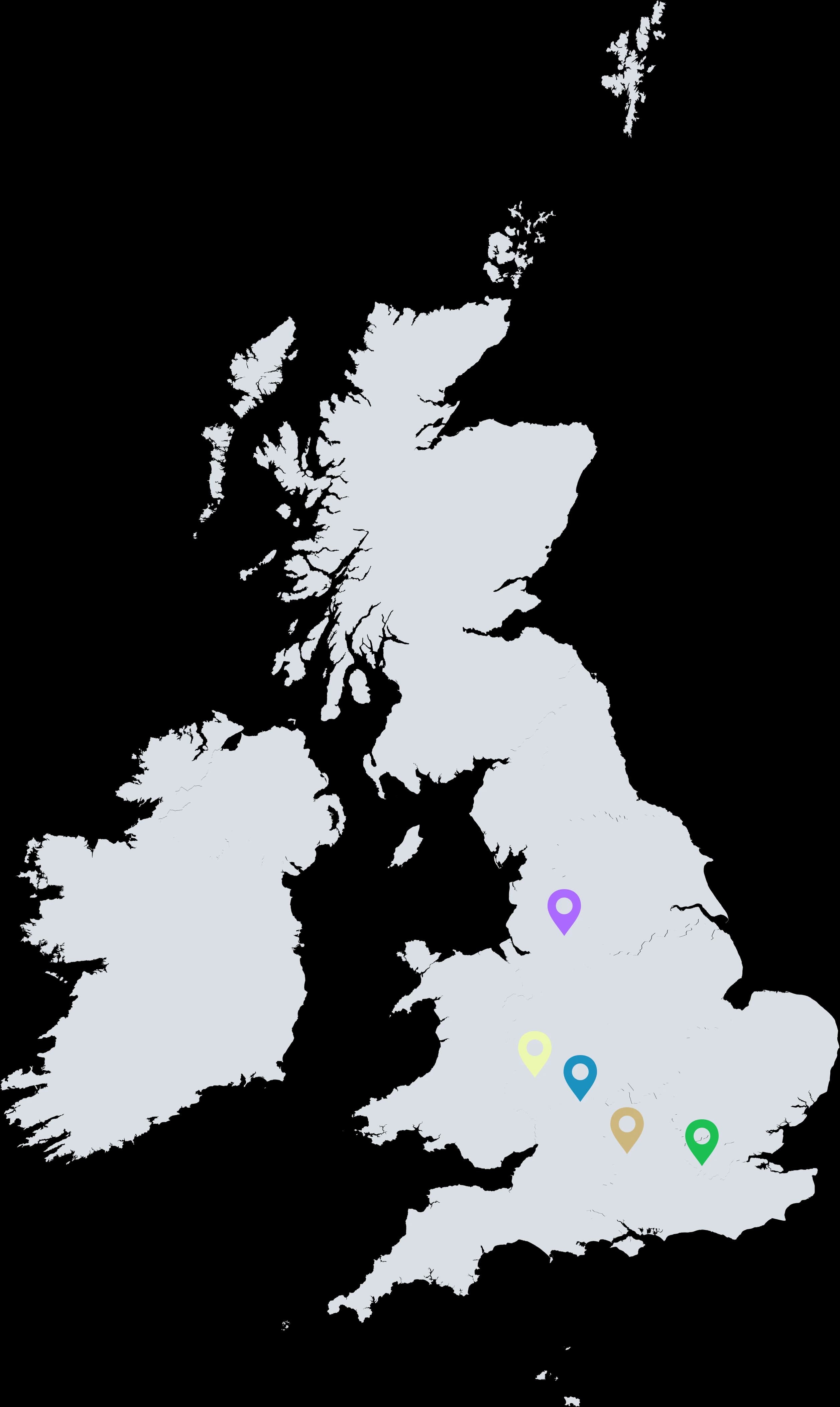 Map of the UK with pins on Greater Manchester, West Midlands, Warwickshire, Oxfordshire and Greater London